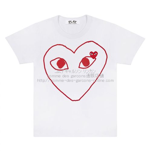 プレイ・コムデギャルソン Tシャツ-赤ラインハート×赤ハートワッペン