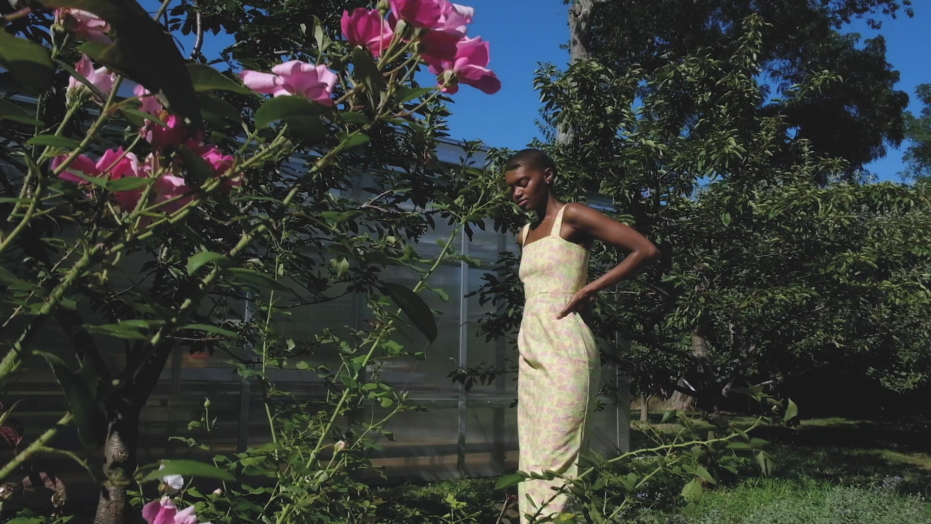 LAST ONE: Long Slip Dress in Yellow with Pink Bougainvillea – Coco