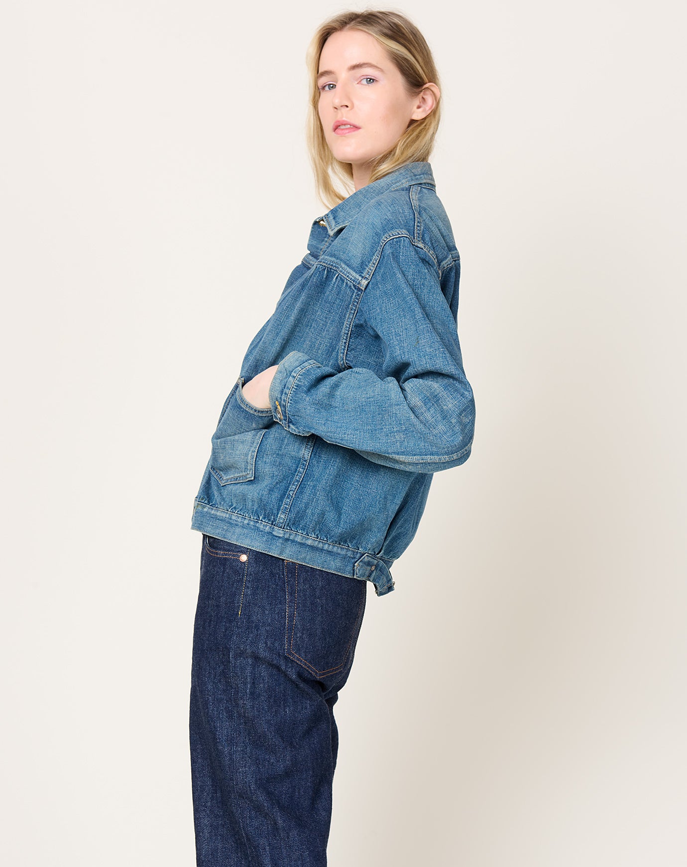 Selvedge Nep Denim Short Jacket in Light Distress | Chimala