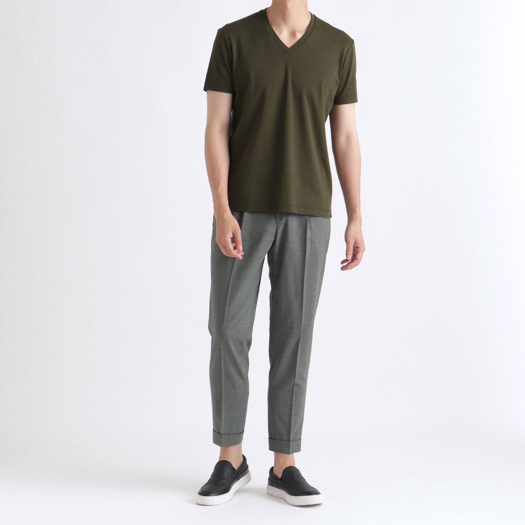 スビンプラチナムスムーステーラードVネックTシャツ オリーブ