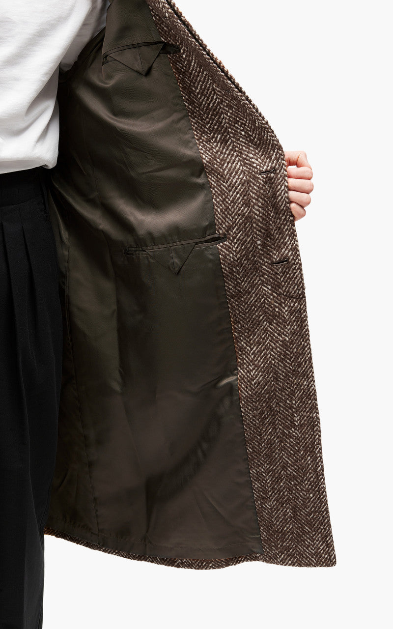 Auralee Wool Alpaca Herringbone Tweed Soutien Collar Coat Brown
