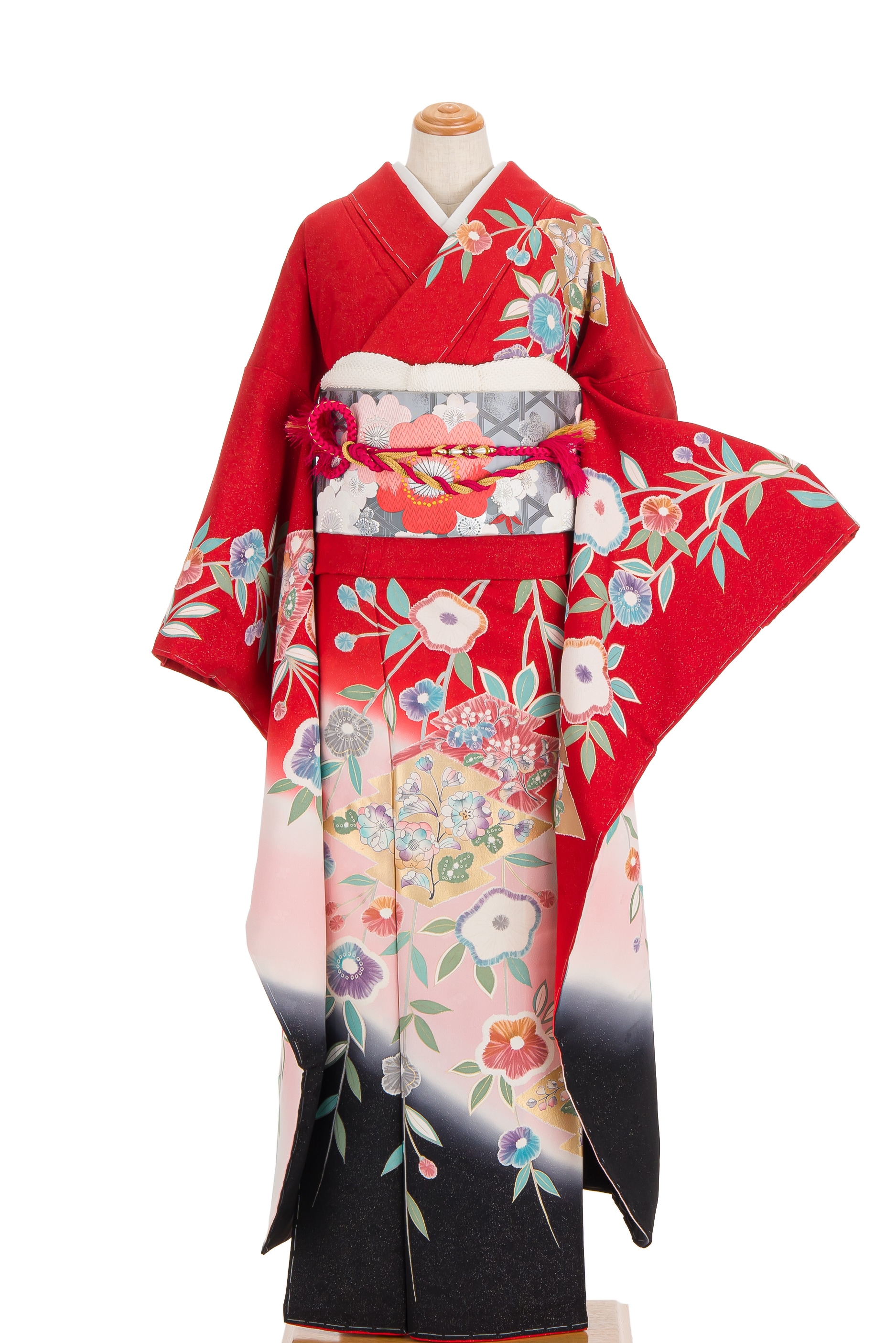 振袖 赤ピンク黒の暈し 松皮菱に花 - からん::アンティーク着物