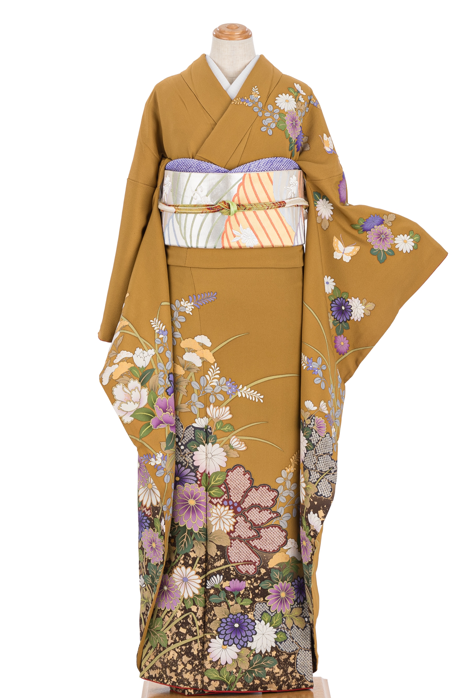 振袖 山吹色地に花と蝶 裄長 - からん::アンティーク着物・リサイクル