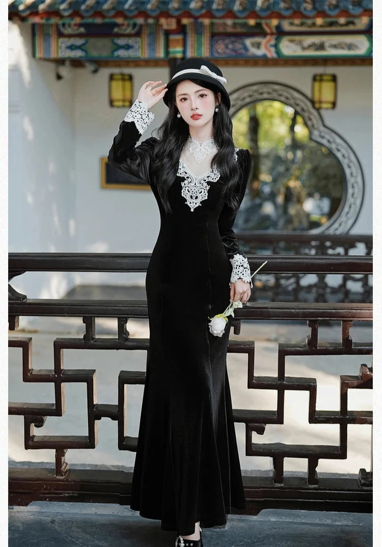 Dark Romantic Velvet Lace Trim Dress Widow Goth Dress