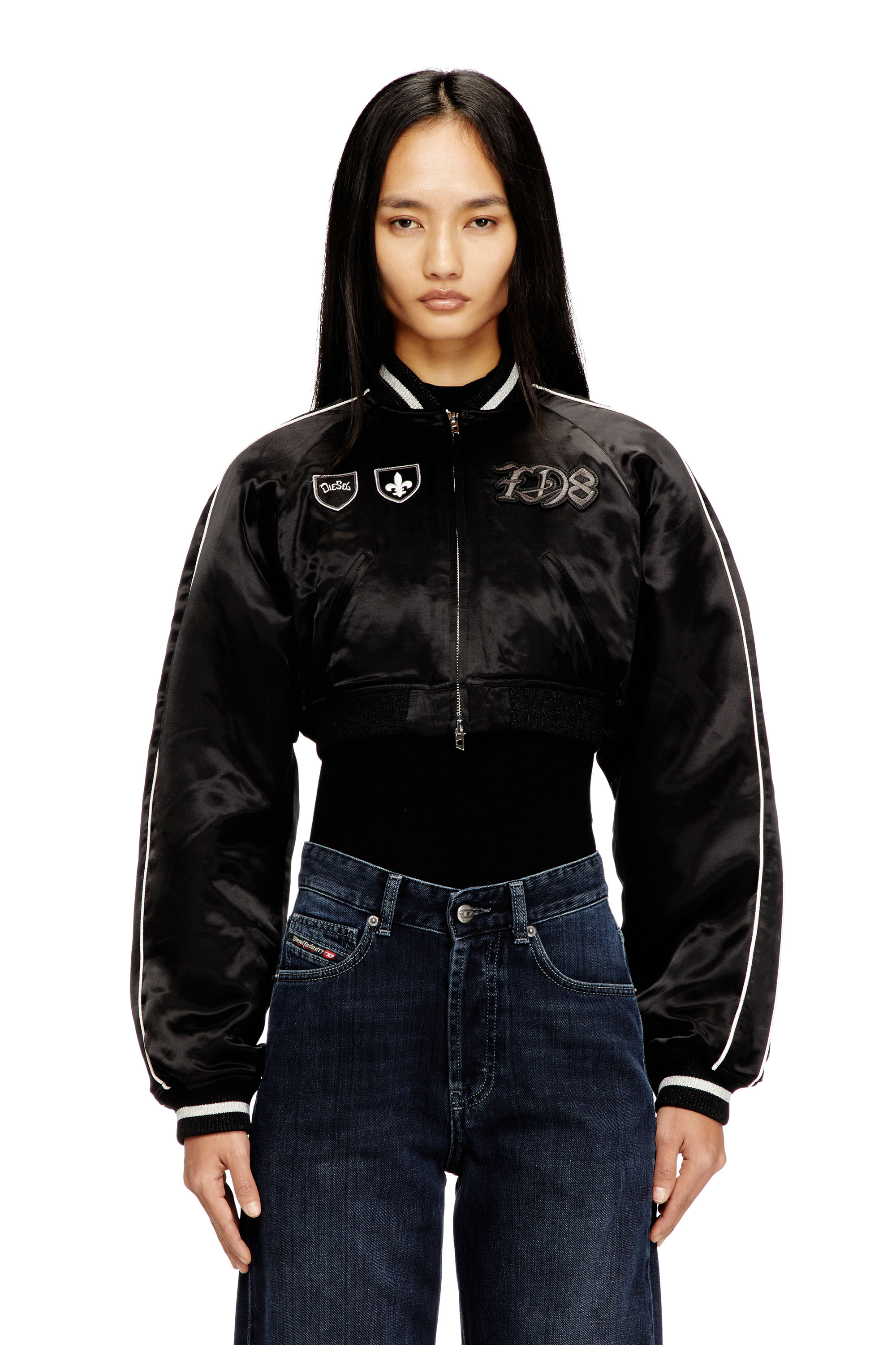 Women's Cropped satin souvenir jacket | Black | Diesel