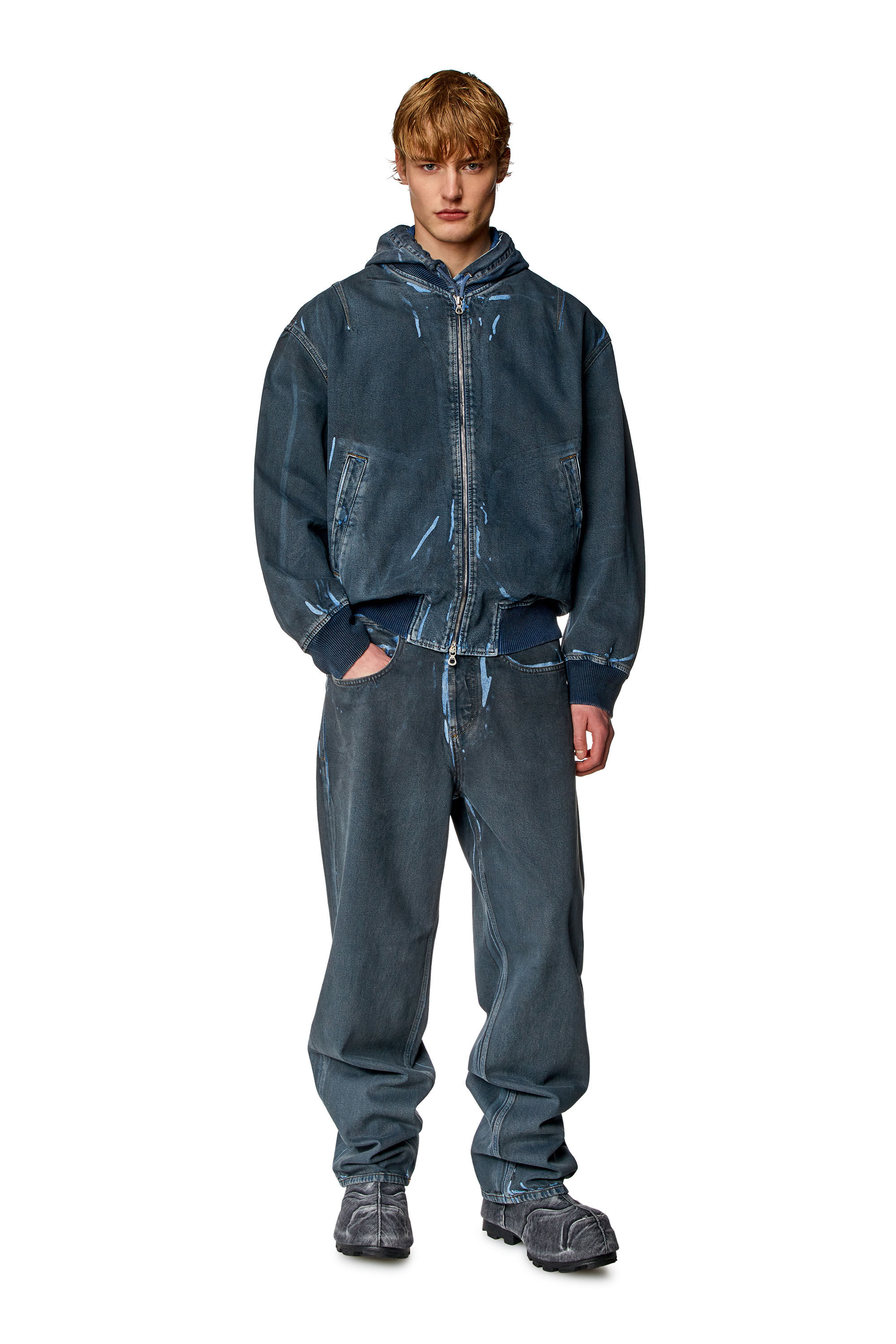 Men's Bomber jacket in used-effect coated denim | Blue | Diesel