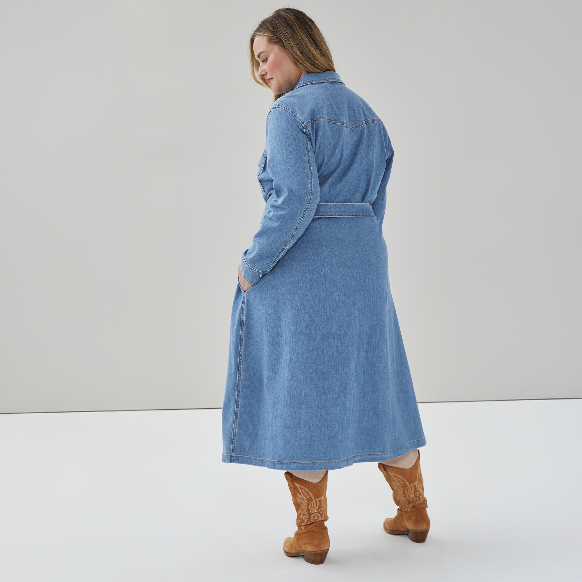 Women+ Denim Belted Midi Dress in Medium Wash from Joe Fresh