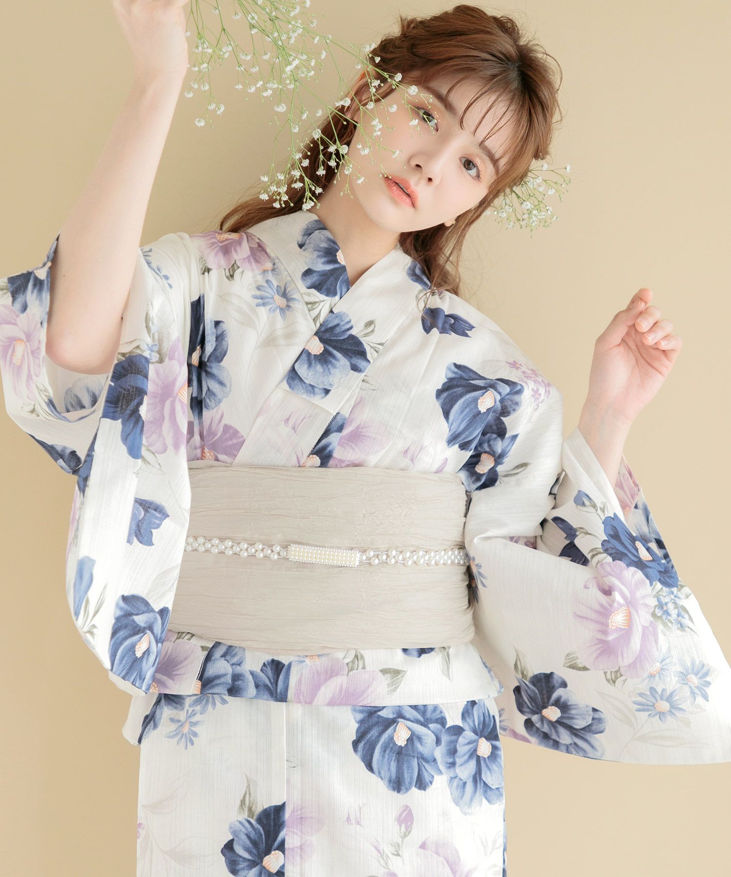 新品♡Dita ディータ♡オトナ浴衣高級浴衣5点セット♡薄鈍色の椿ちらし