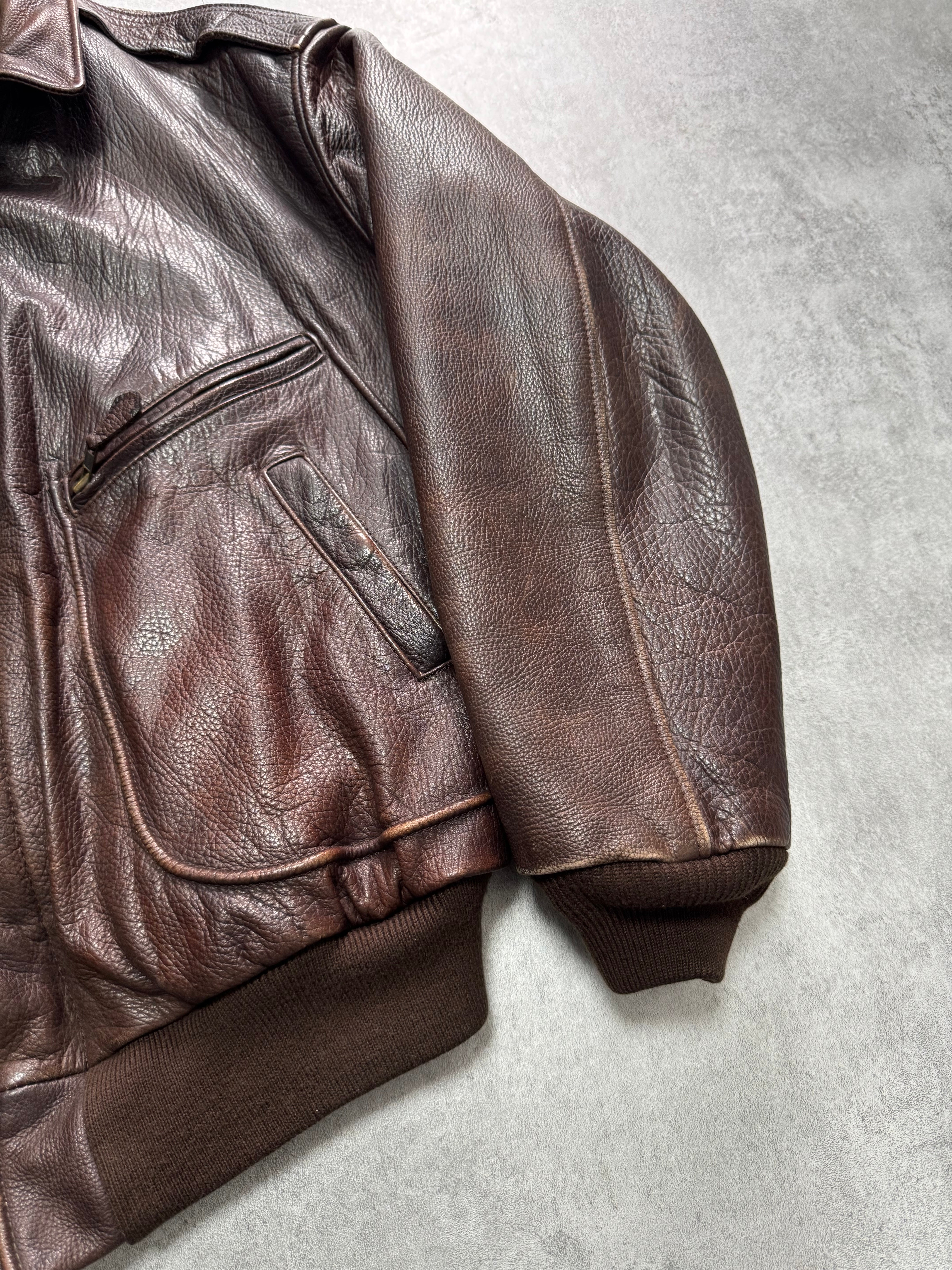 1990s Emporio Armani Brown Classic Bomber Leather Jacket (M