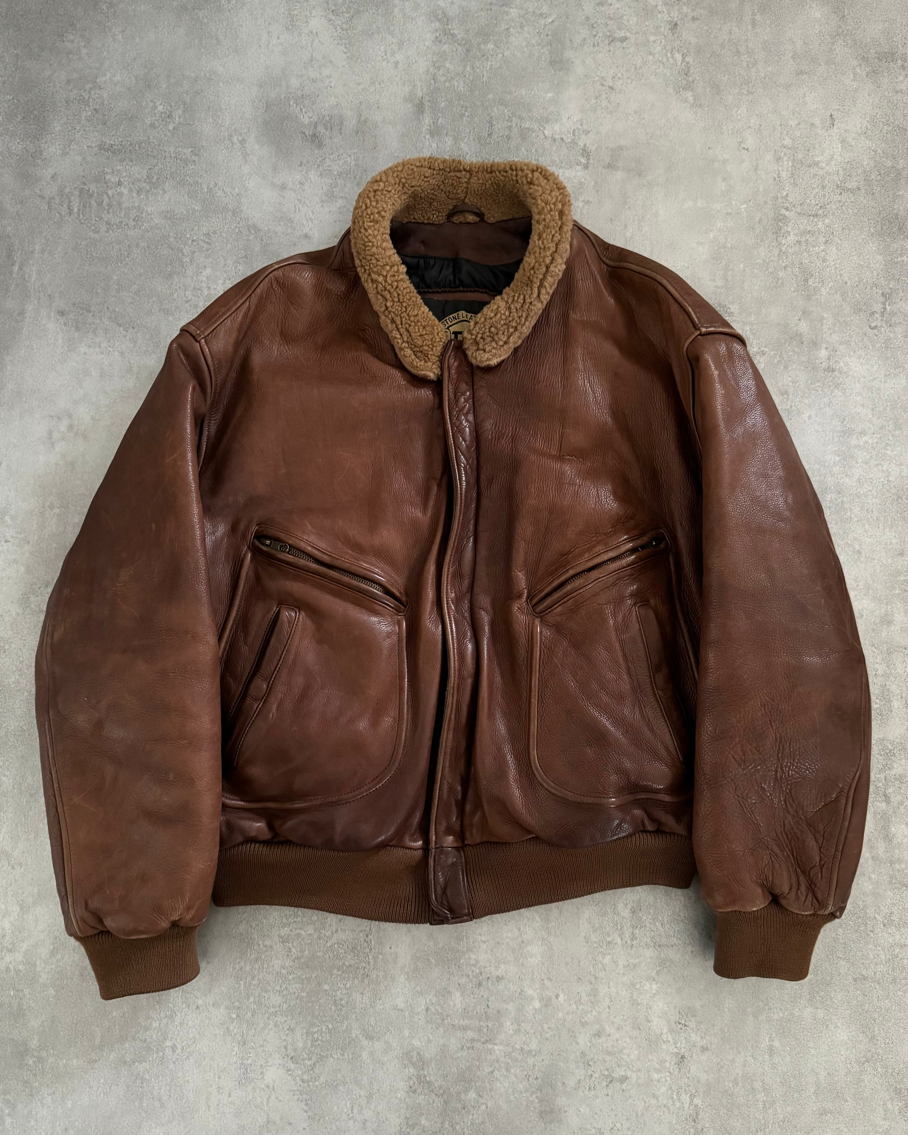 1980s Emporio Armani Aviator Brown Leather Bomber Jacket (L