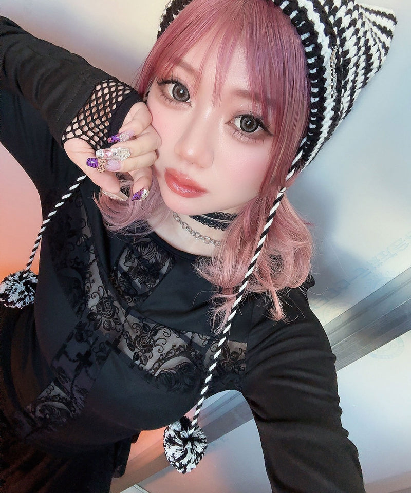 ドクロレース透け十字架長袖カットソートップス – レディース