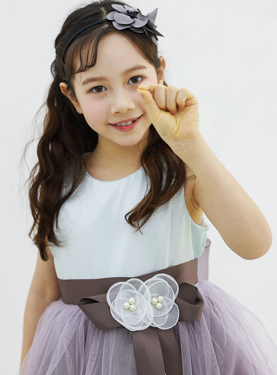 子供ドレス|子供ドレスならミント×チャコールグレーフラワーコサージュ