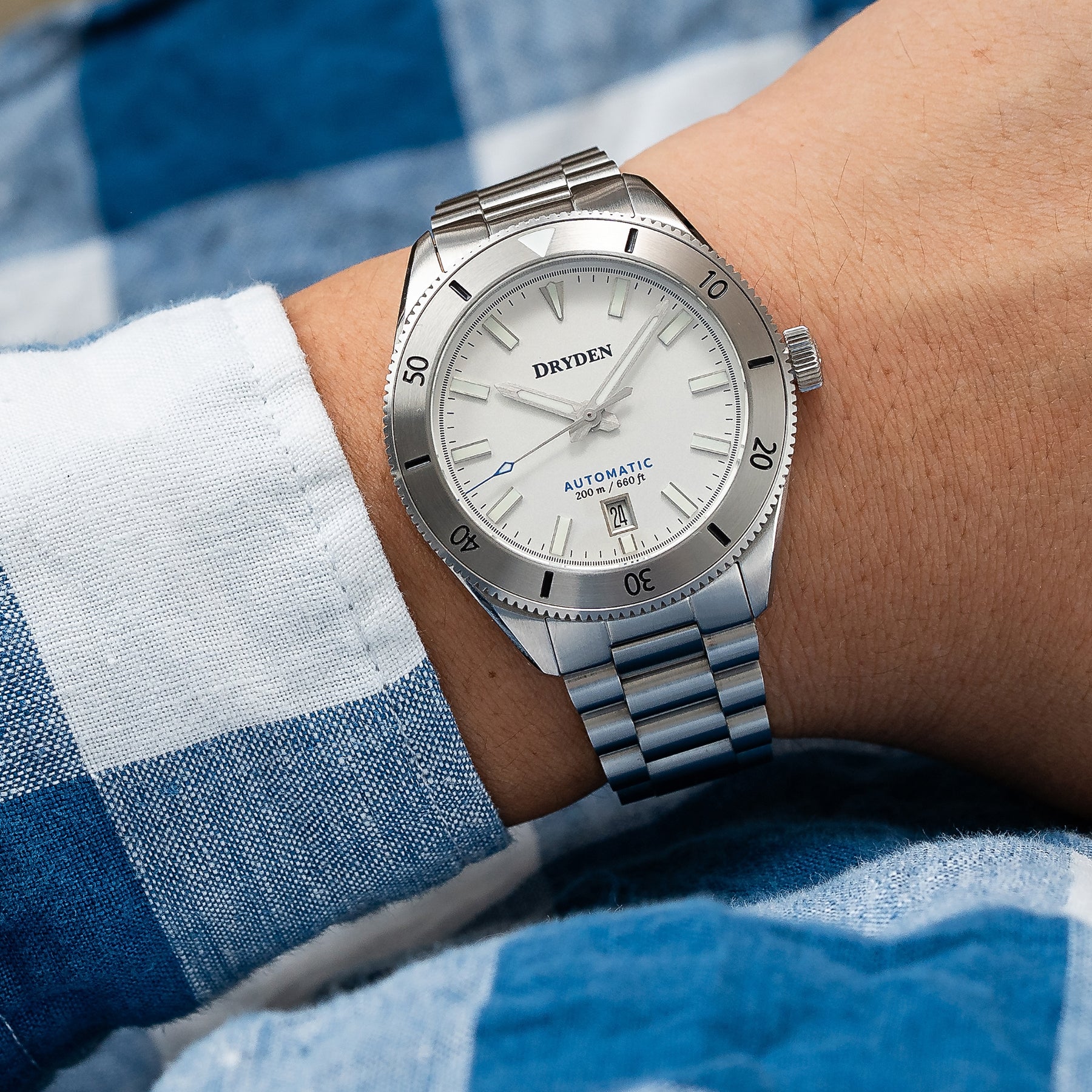 Dryden Pathfinder 41mm 200M Automatic Dive Watch - Arctic Silver