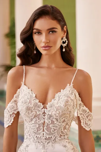 Tallon: Off the Shoulder Crepe Sheath Wedding Dress with