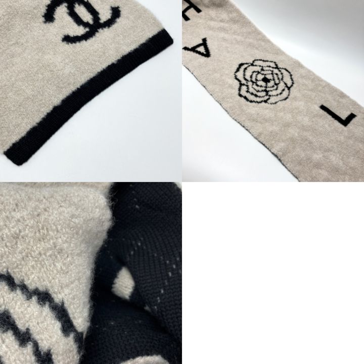 CHANEL シャネル ロゴ カメリア マフラー ベージュ×ブラック ウール
