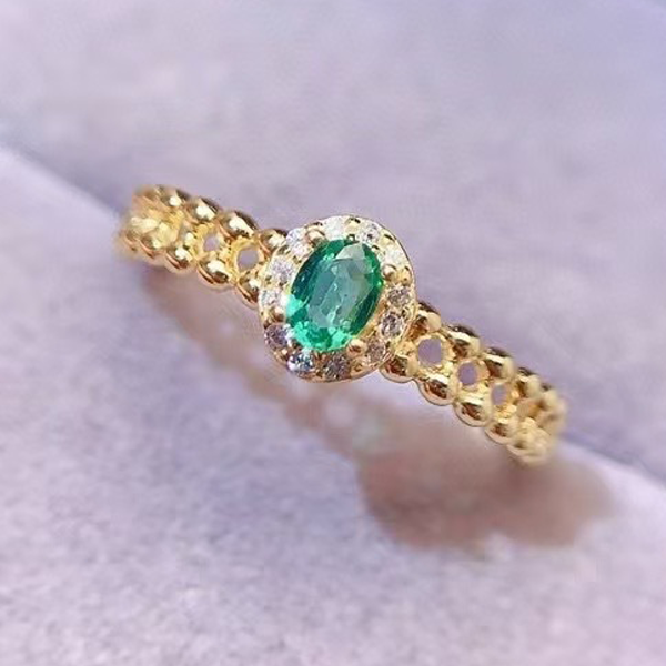 Oval-Cut Natural Emerald & Diamond Ring Gold Emerald Ring Gift for