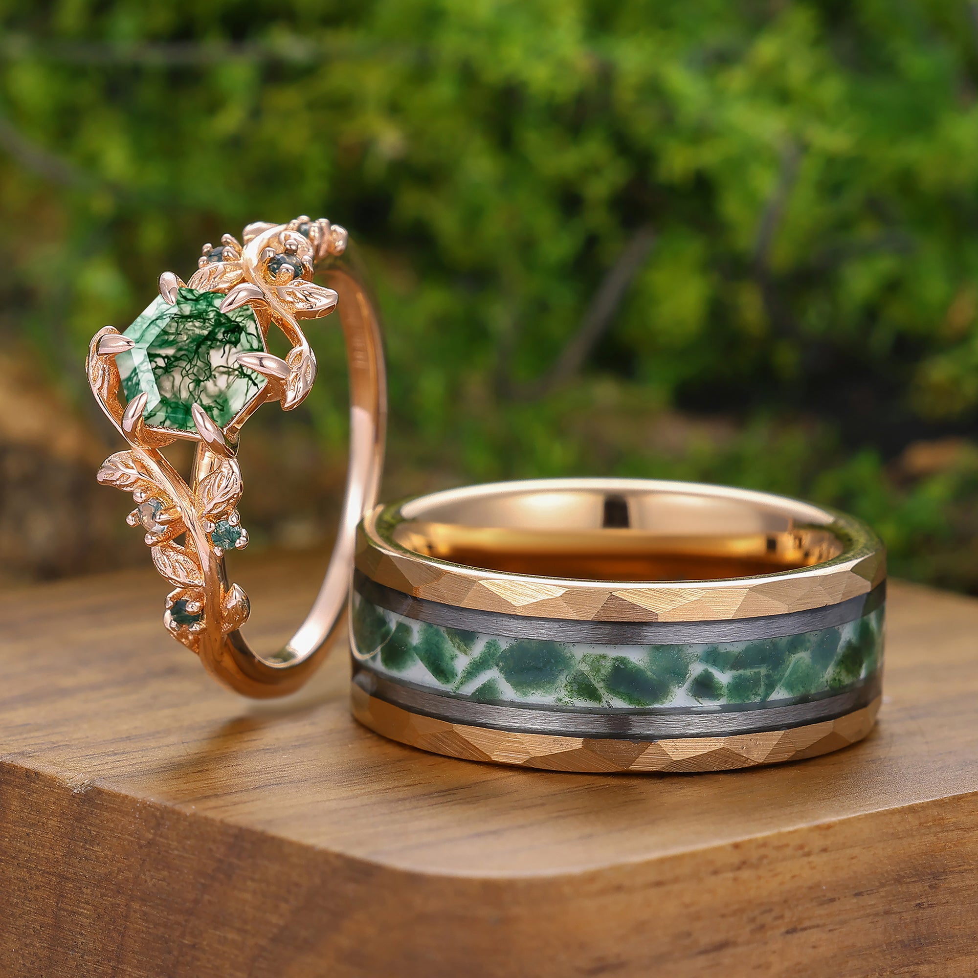 Green Natural Moss Agate Hexagon Couples Ring Set His and Her