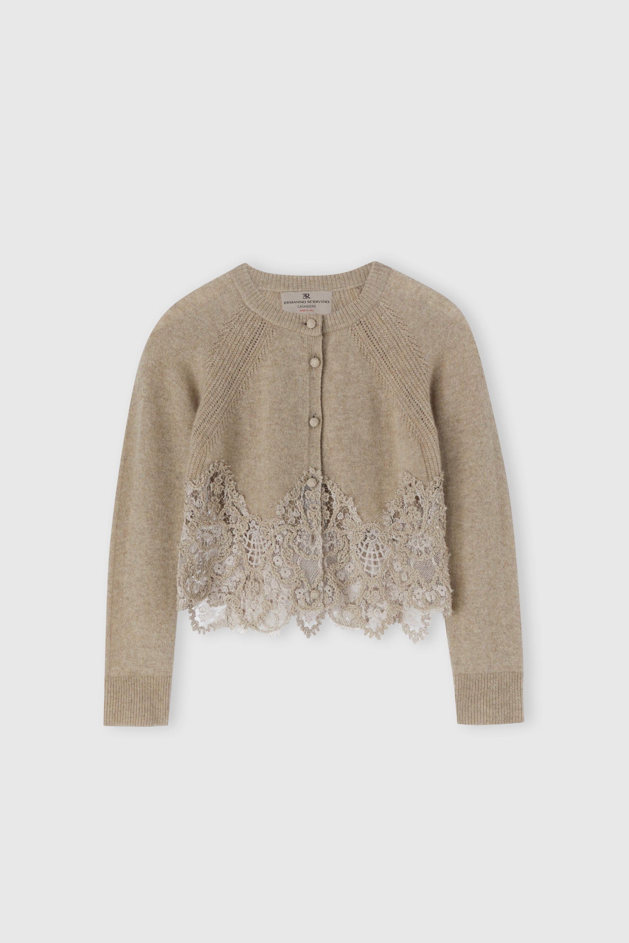 Cardigan cropped in puro cashmere taupe con collo coreano e pizzo