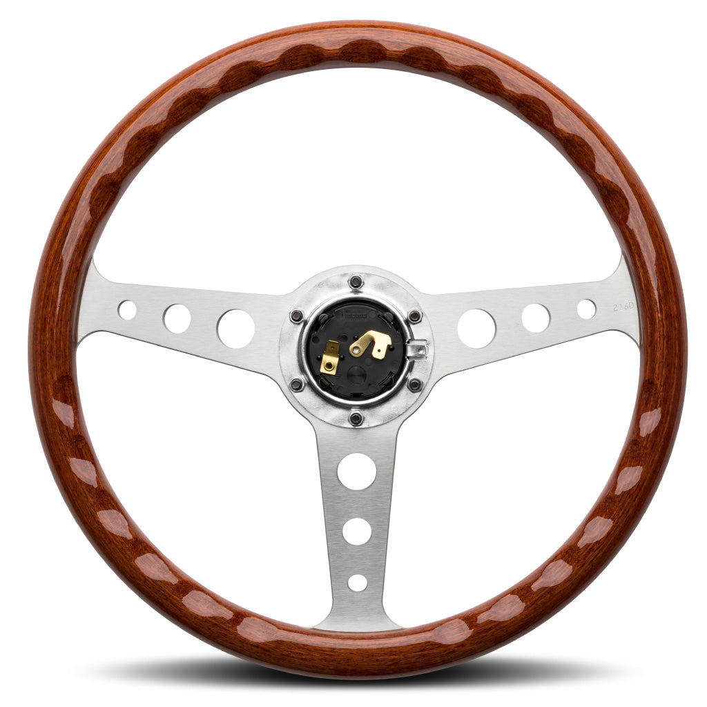 MOMO Indy Heritage Steering Wheel - Mahogany Wood Silver Spokes 350mm