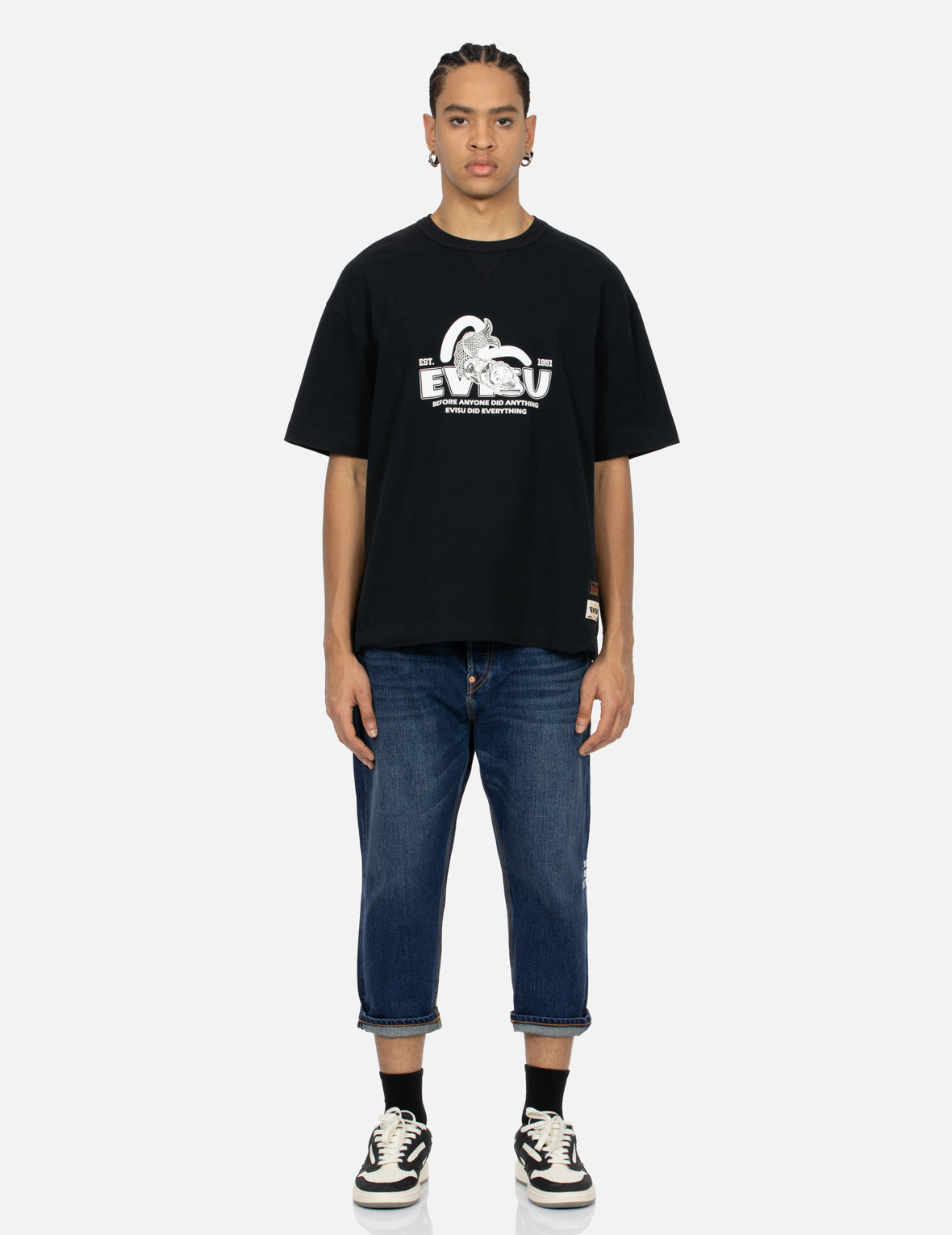 鯉のぼりプリントとカモメ刺繍クロップドフィットジーンズ＃2027 – EVISU