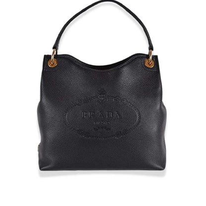PRADA BLACK VITELLO PHOENIX LEATHER LOGO HOBO TOTE BAG – EYE