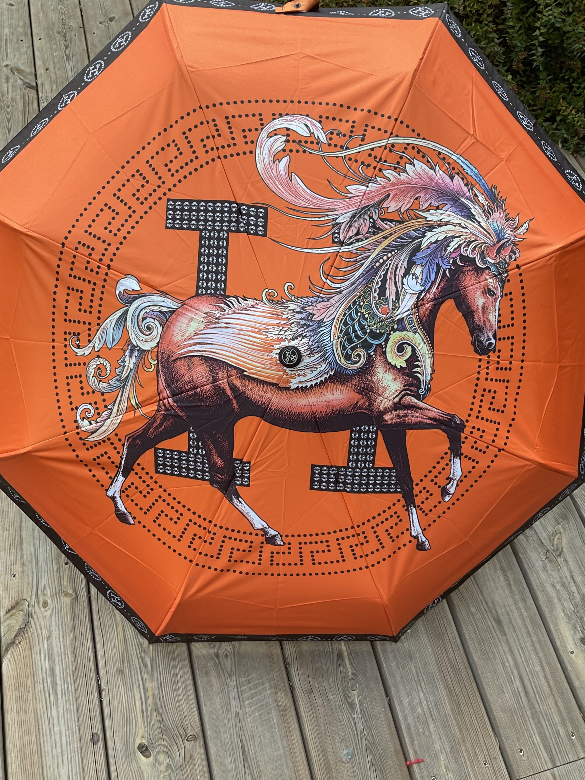 H Designer umbrella with a horse on a orange background and the