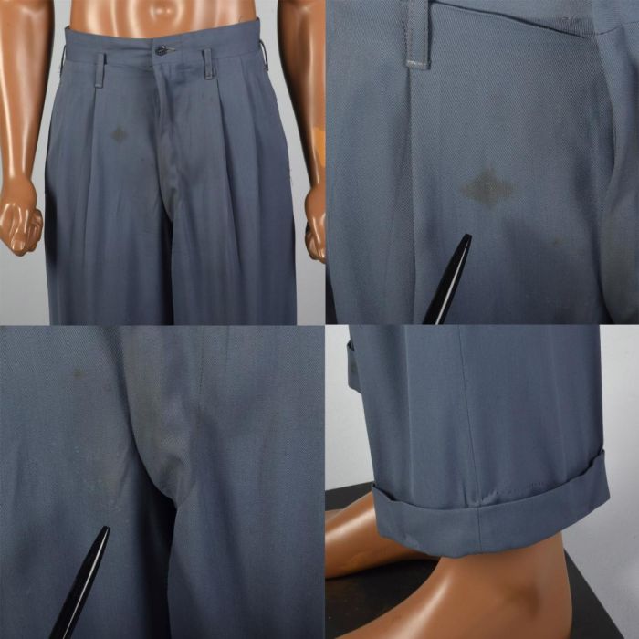 Small 1950s Mens Blue Gray Gabardine Pants Pleated Front Cuffs