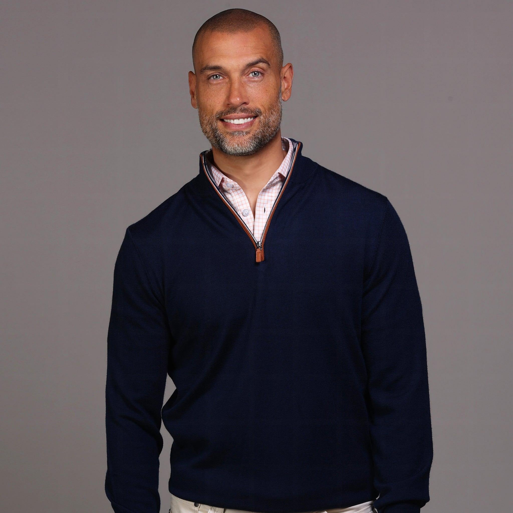 COLLARS AND CO - NAVY WITH BROWN SUEDE TRIM CASHMERE TOUCH
