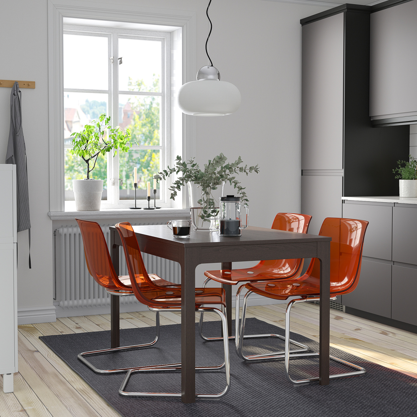EKEDALEN / TOBIAS table and 4 chairs dark brown/brown-red chrome