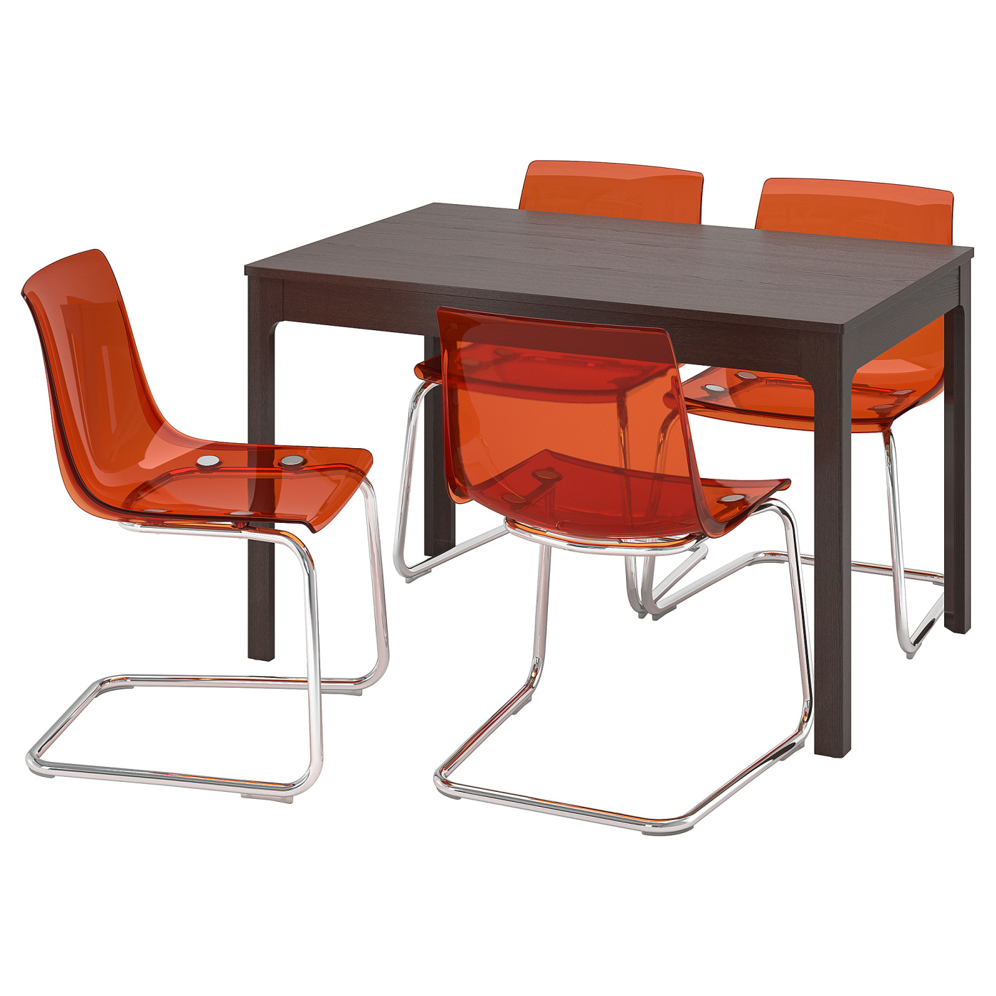 EKEDALEN / TOBIAS table and 4 chairs dark brown/brown-red chrome