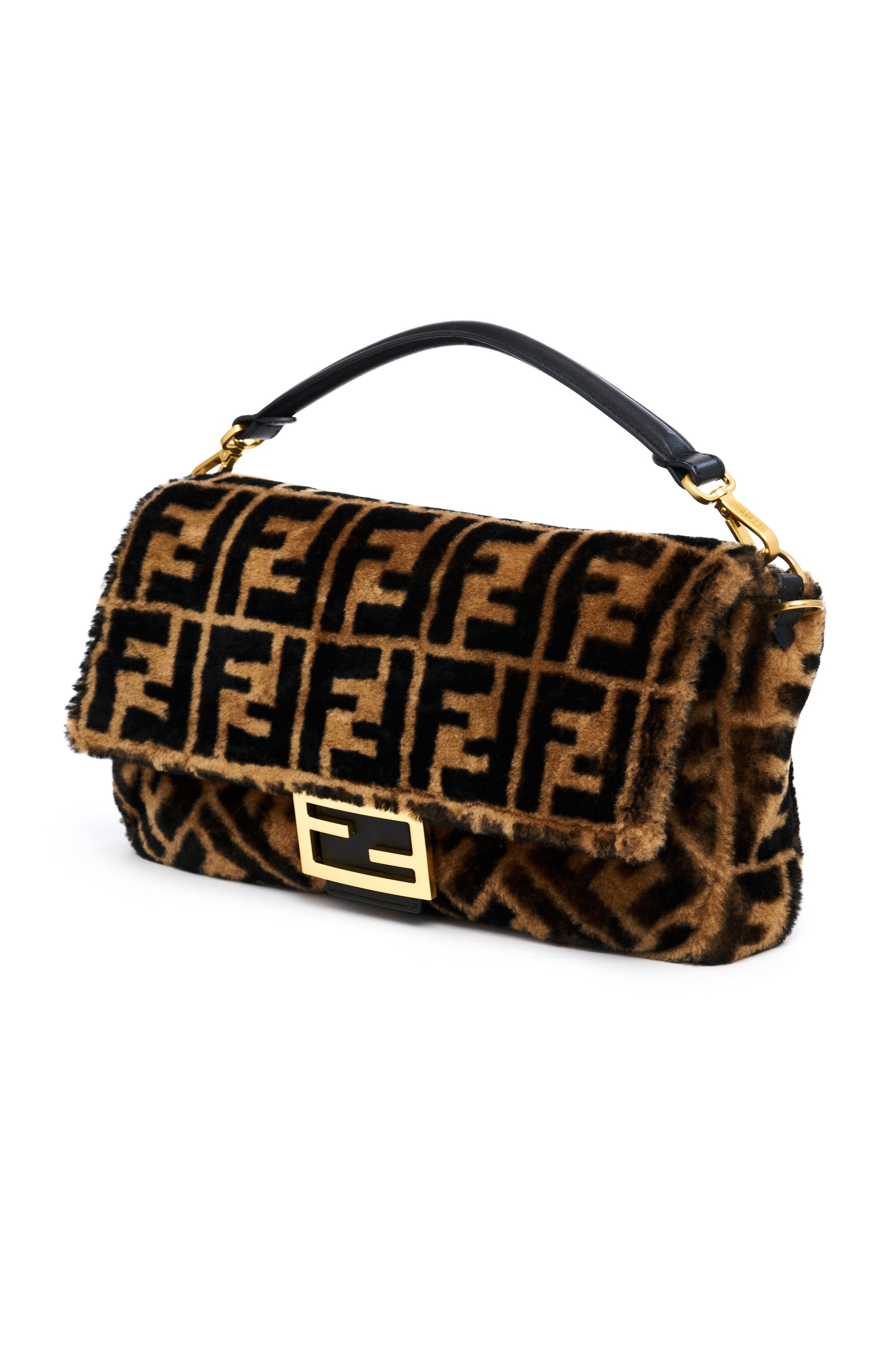 Fendi Large Zucca Shearling Fur Baguette - Foxy Couture Carmel