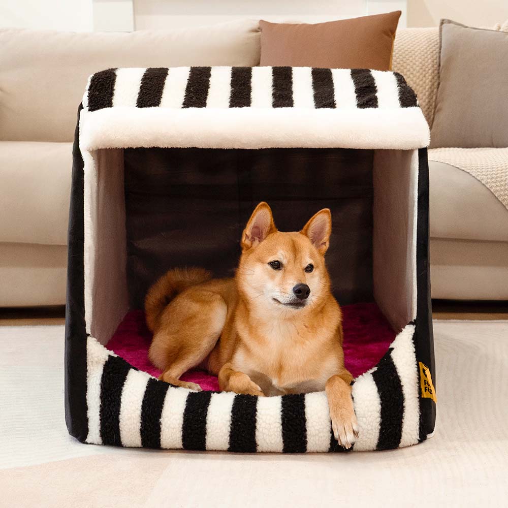 Trendy Striped House Orthopedic Dog Bed - Cozy Hideaway - FUNNYFUZZY