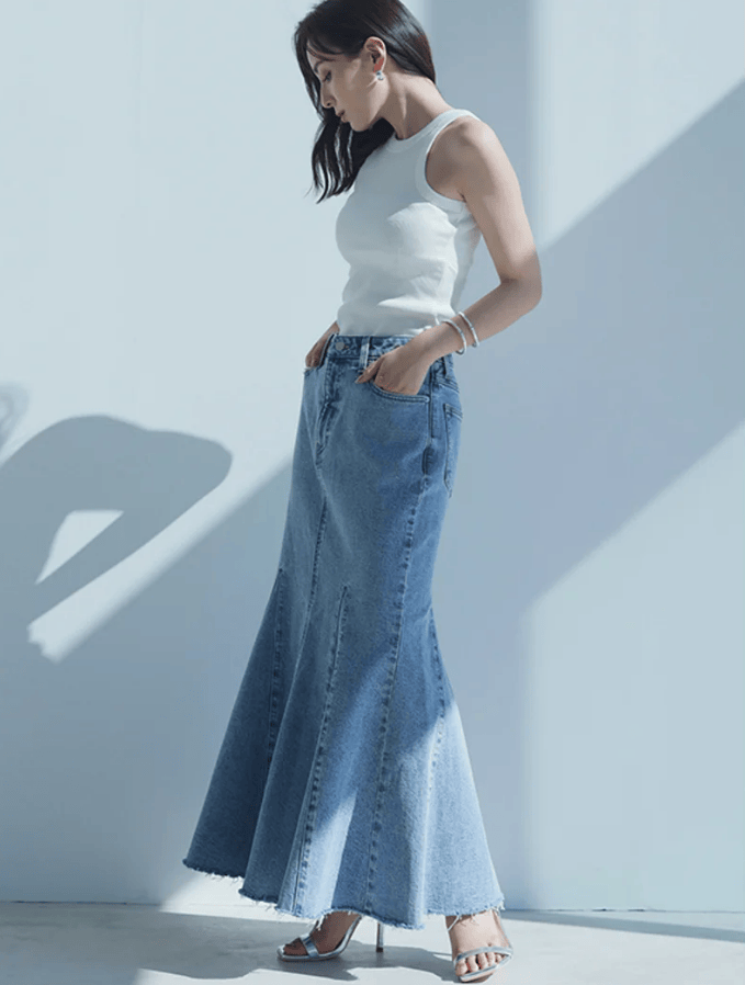 優美なシルエット デニムマーメイド裾フリンジスカート マーメイド