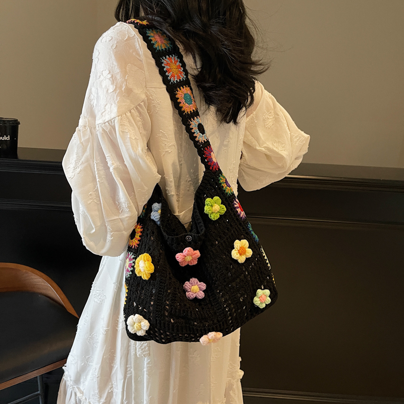 カゴバッグ お花モチーフかぎ針編みショルダー ショルダー型|カゴ