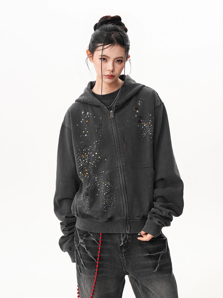 RHINESTONE DAMAGED ZIPPED HOODIE – GEEK