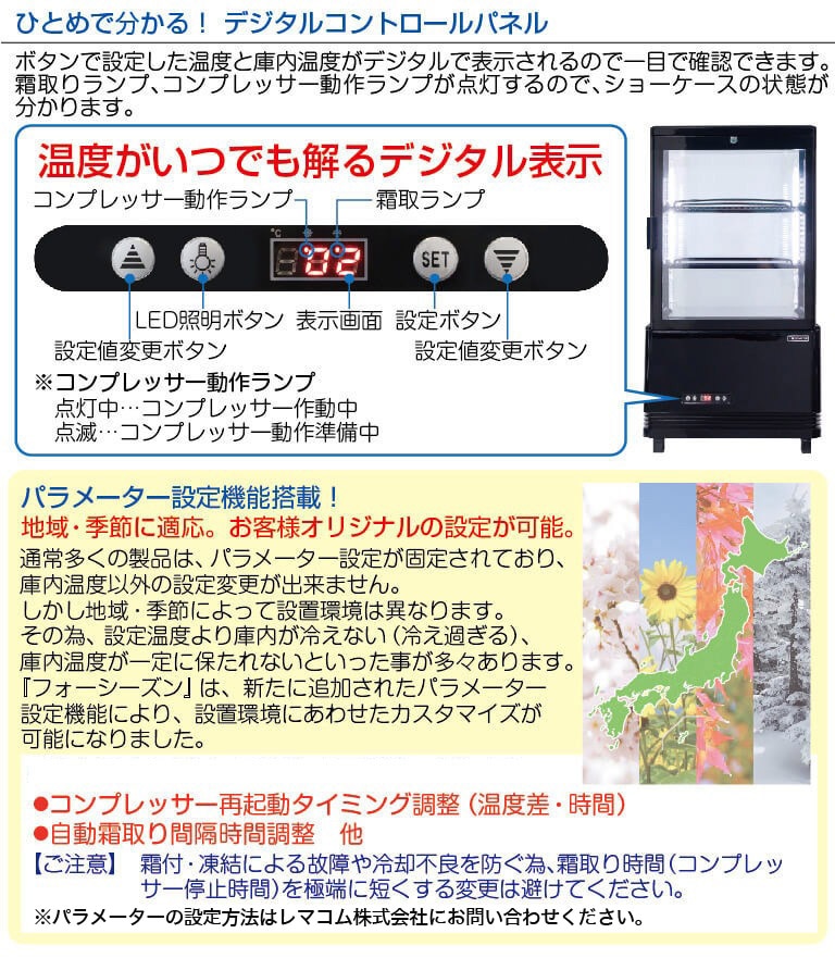レマコム 4面ガラス冷蔵ショーケース フォーシーズン 卓上・小型 63L