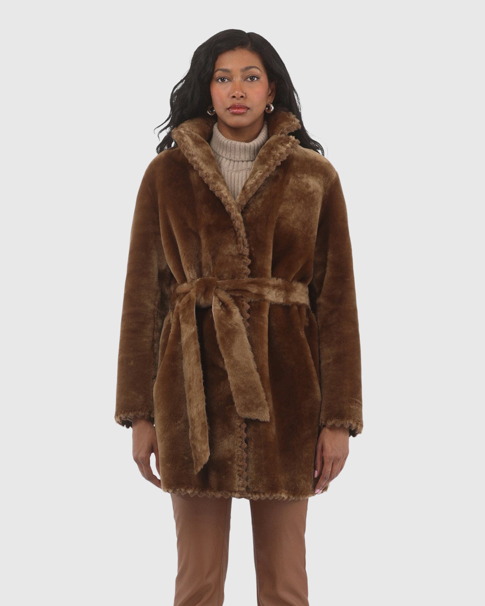 Reversible Shearling Lamb Jacket with Embroiderd Trim, Belt