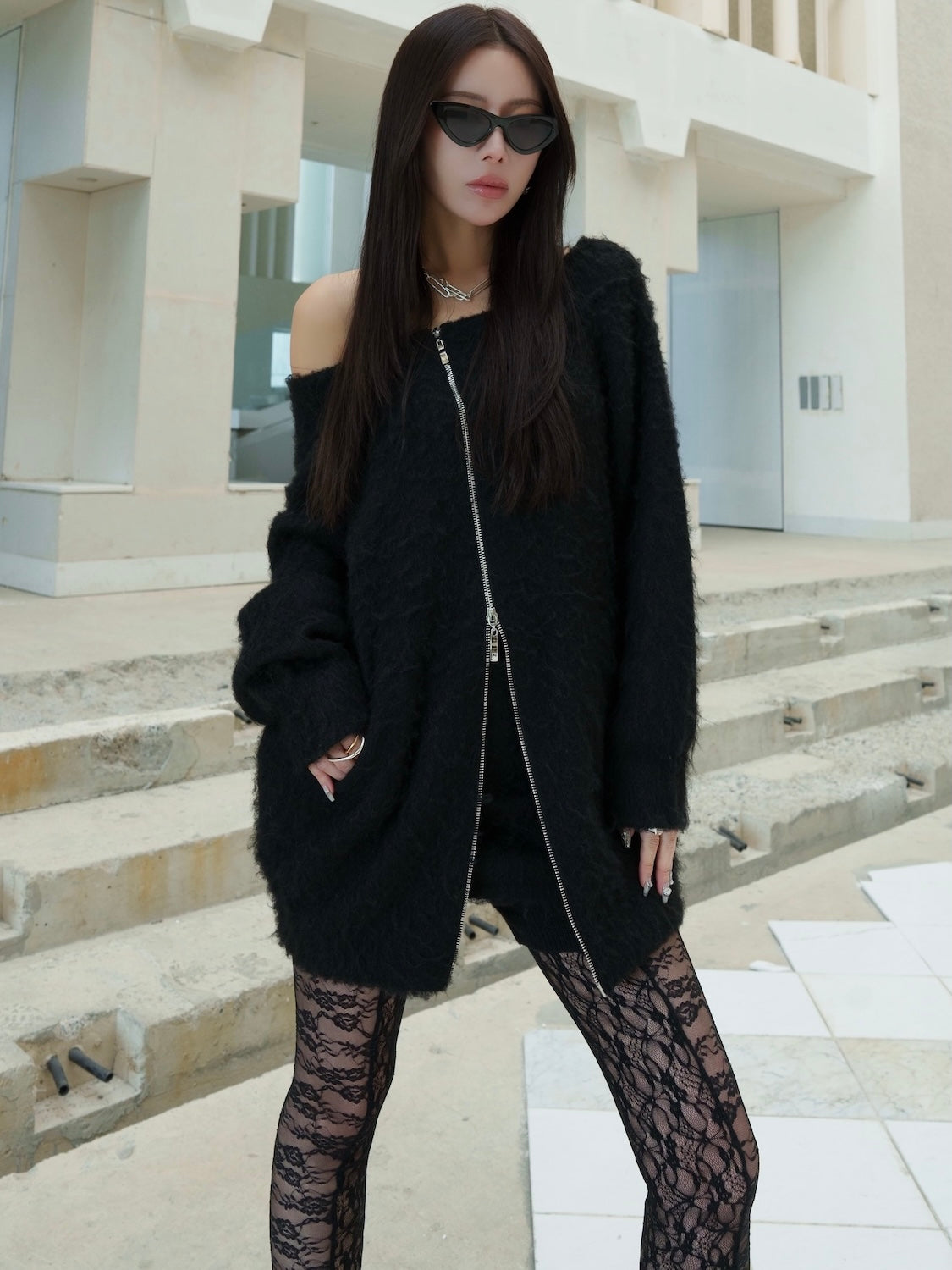 オフショルダー フロント Zip KNIT