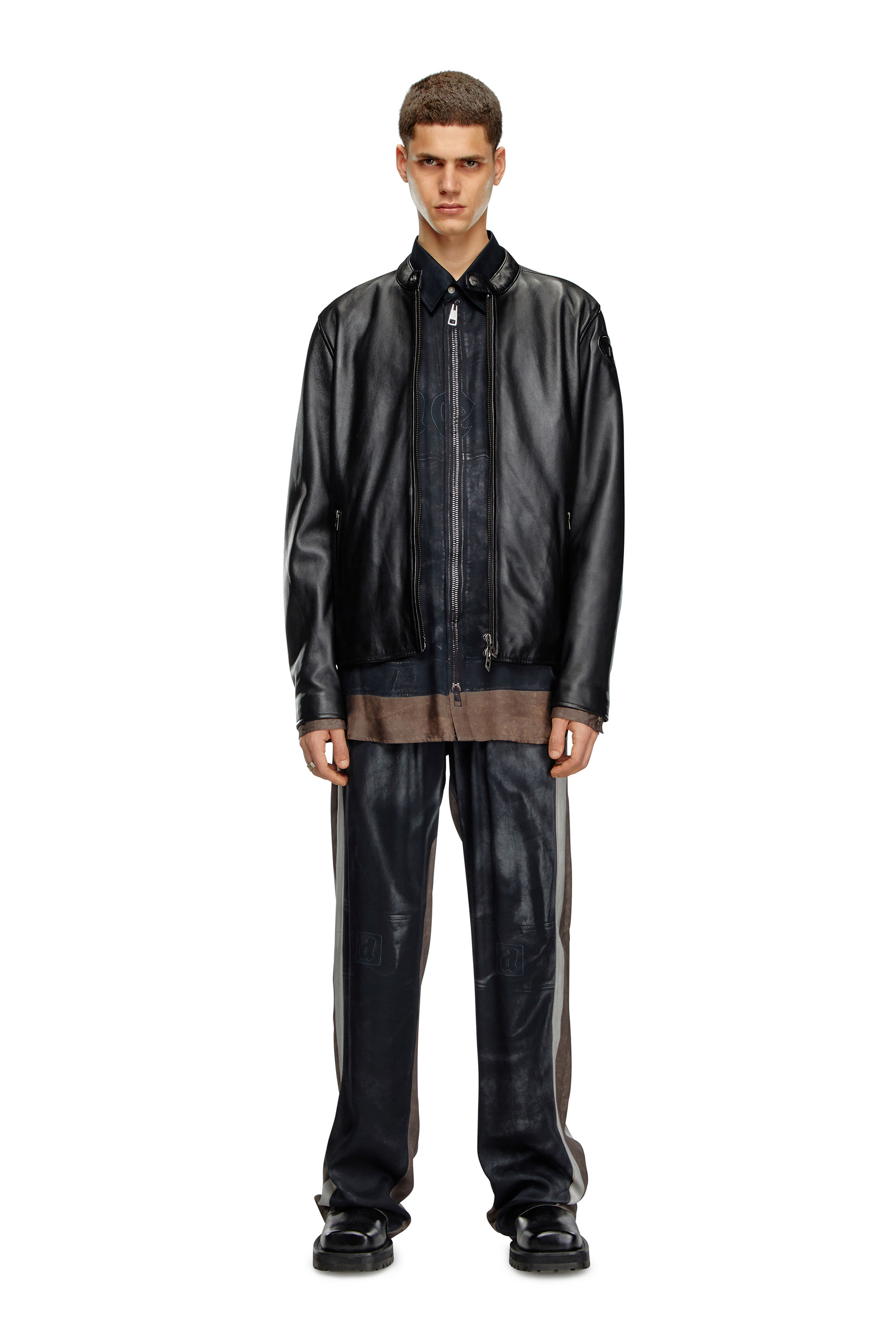 Men's Leather jacket with embossed Oval D | Black | Diesel