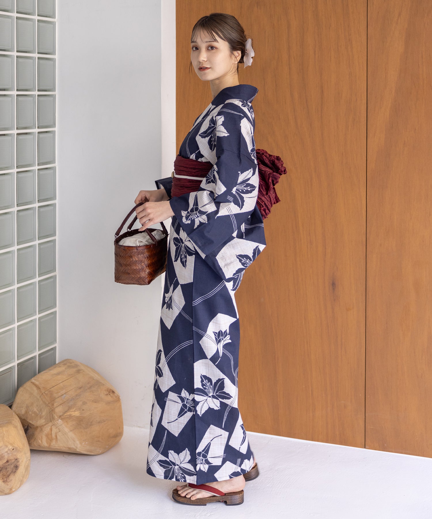 こだわり浴衣5点セット (浴衣/帯/下駄/腰紐/着付け冊子) 変わり織生地