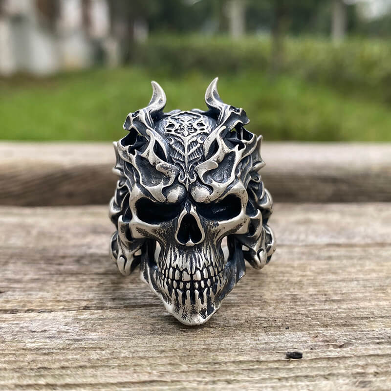 Dragon Horned Samurai Sterling Silver Skull Ring – GTHIC