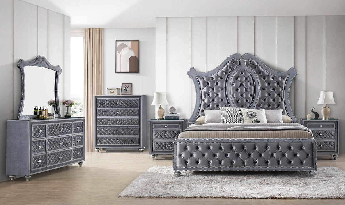 Cameo Gray Upholstered Panel Bedroom Set B2100 – Harwin Furniture