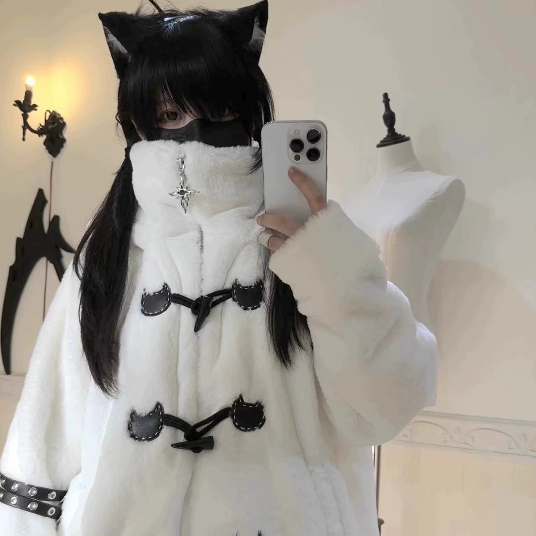 Plus Size Jirai Kei Coat Black White Winter Coat Cat Ear Hooded