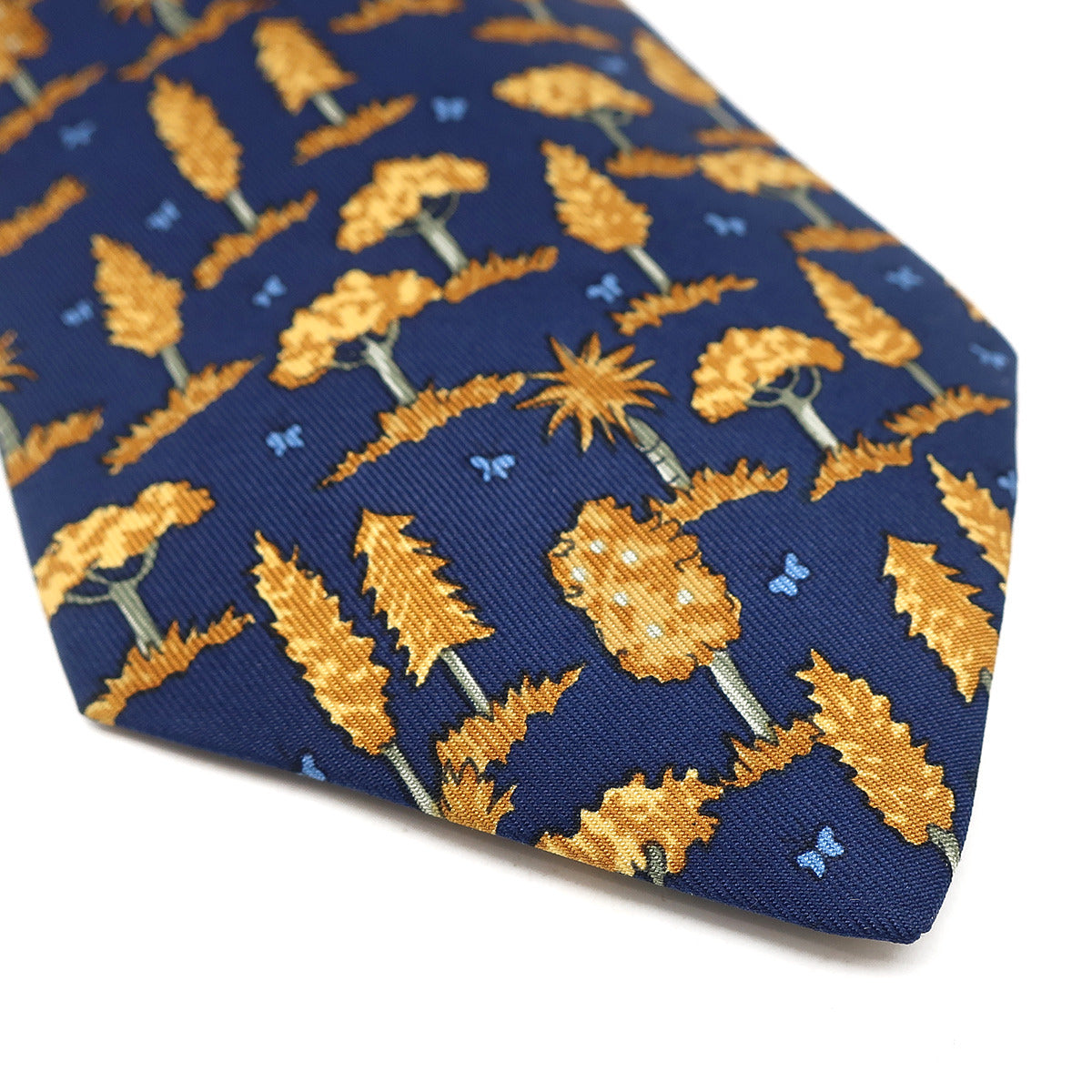 エルメス HERMES 植物柄 8.5cm ネイビー×オレンジ シルク ネクタイ 紺
