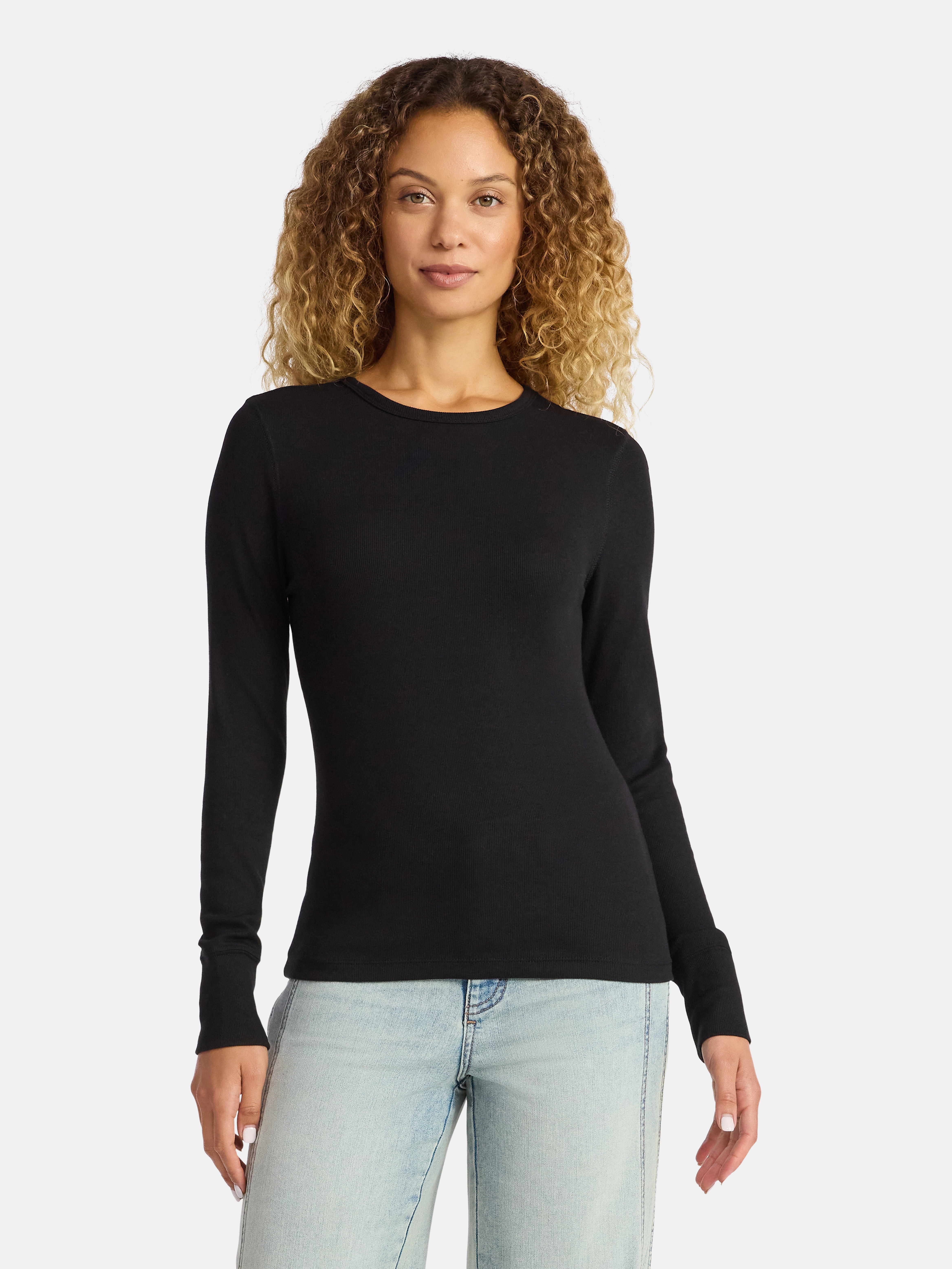 Time and Tru Women's Rib Tee with Long Sleeves, Size XS-XXXL