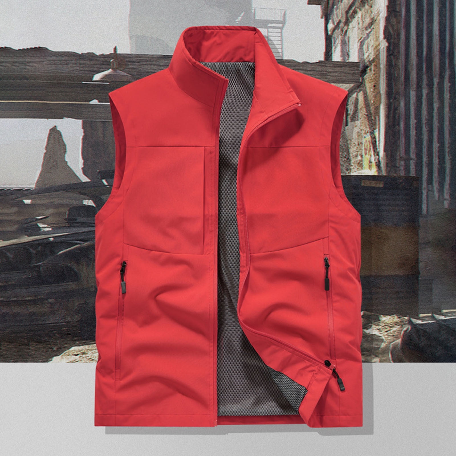 Stand-Collar Sleeveless Coat for Men Zip up Fishing Vest with
