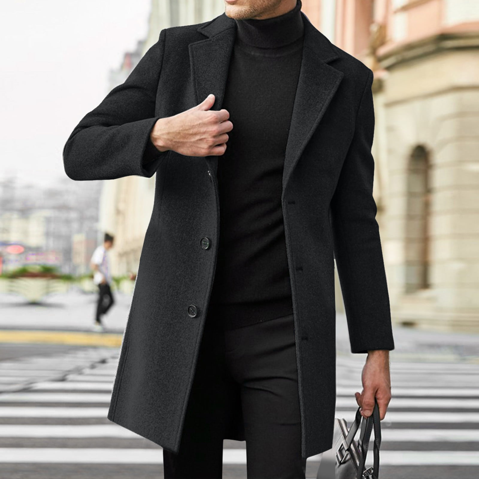 HAXMNOU Men Wool Coat Winter Trench Coats Long Sleeve Button Up