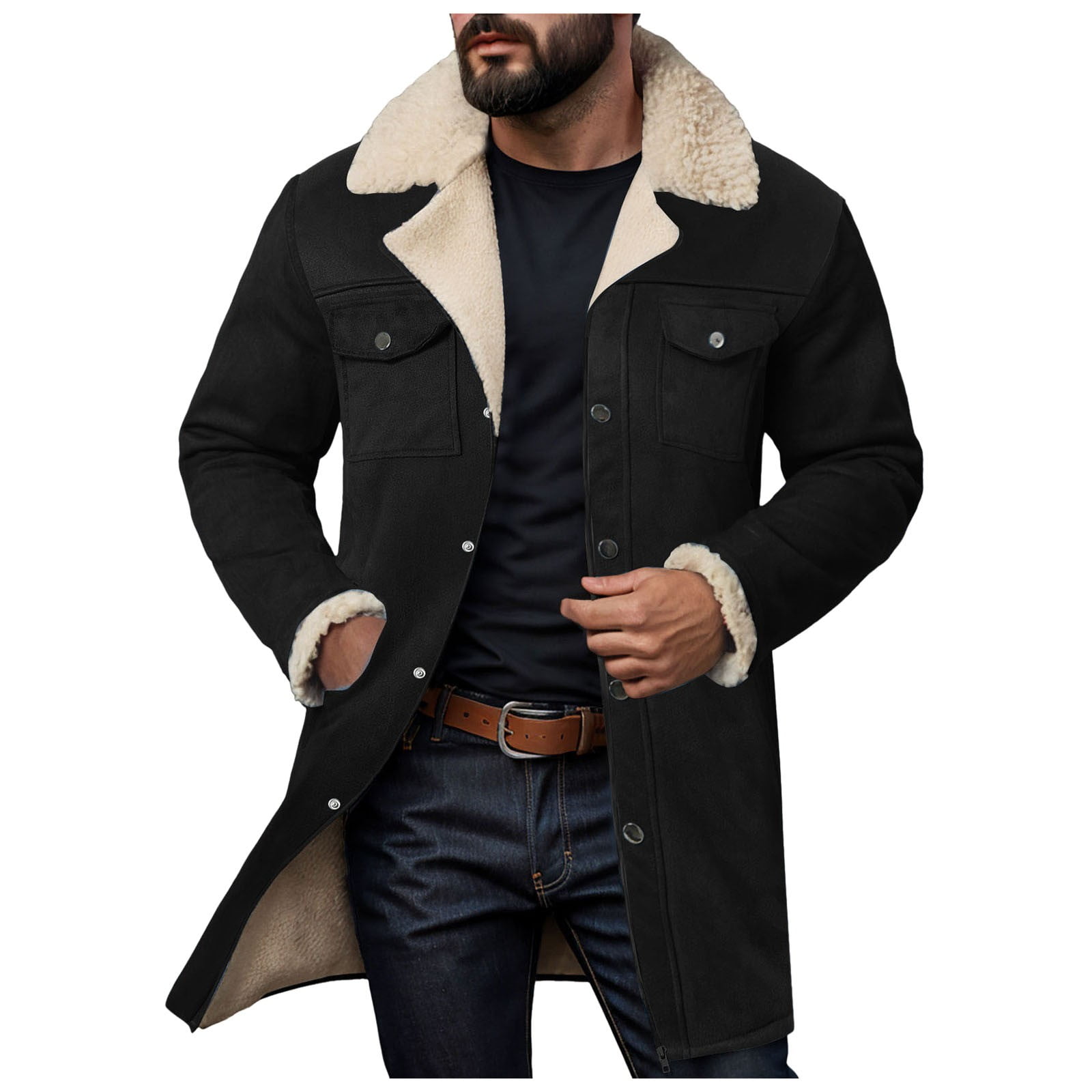 Mens Vintage Suede Jacket Plush Collar Coats Faux Leather Winter