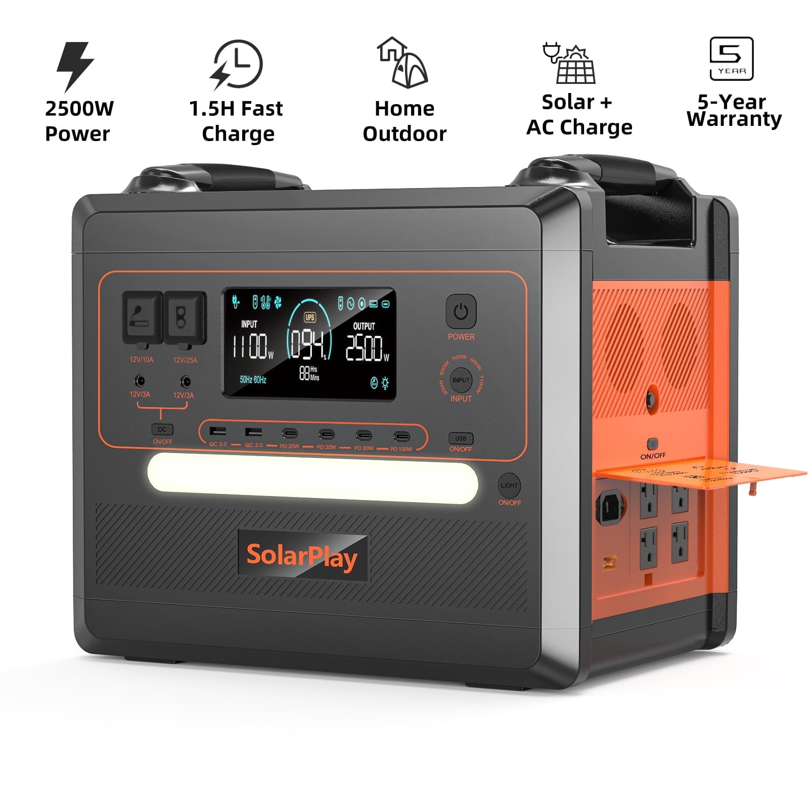 SOLARPLAY 2500W Portable Solar Generator, 4800W Peak, 2304Wh