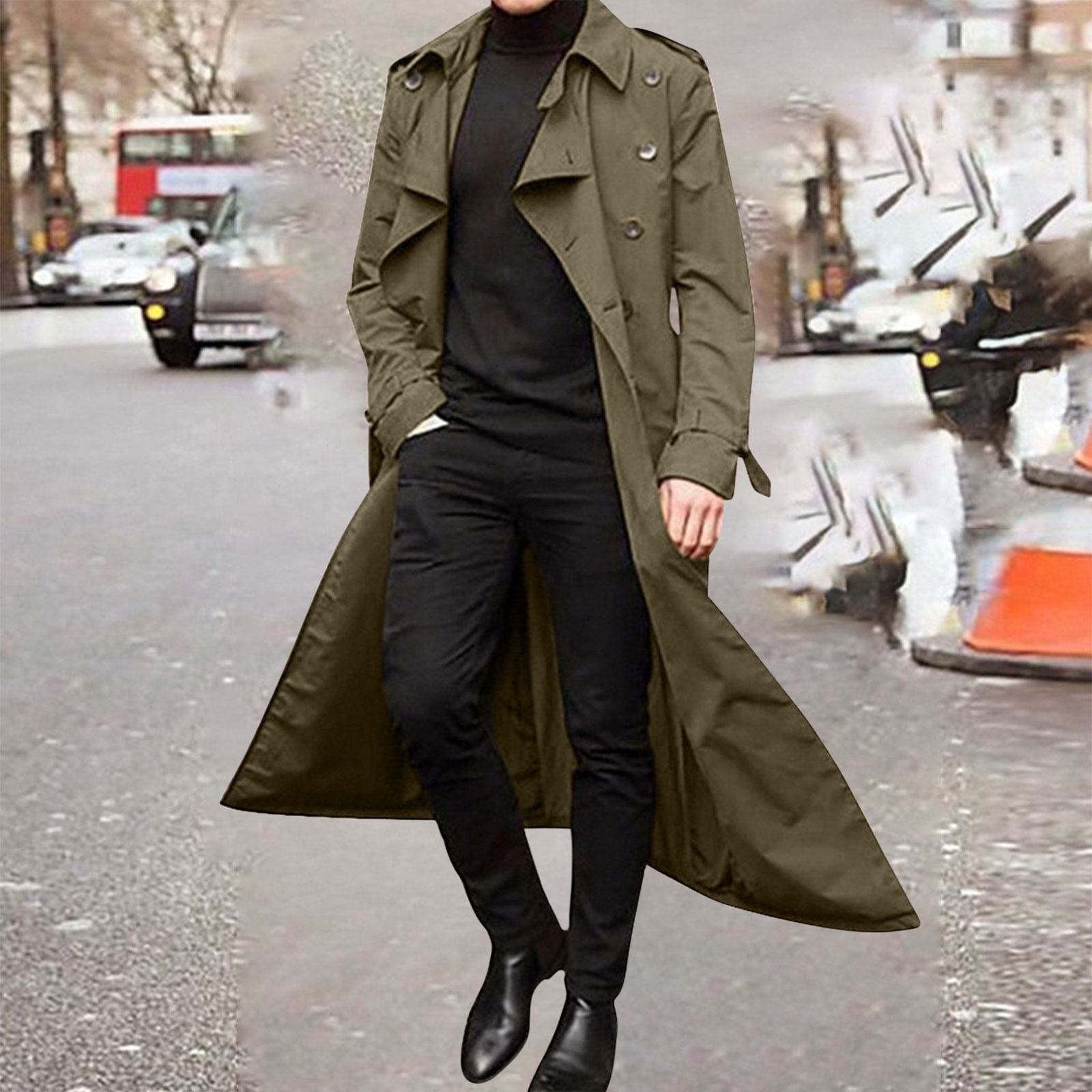 POROPL Army Green Trench Coat Men Winter Solid Color Warm Lapel